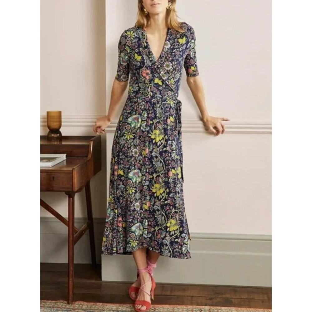 Boden Lavinia Jersey Wrap Dress Floral Print Short Sleeve Midi Tropic Meadow - Picture 12 of 12
